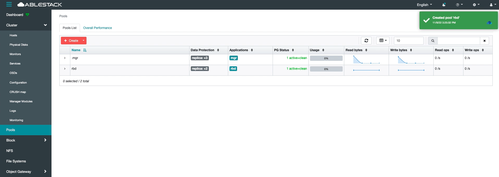 Pools 생성 완료 리스트